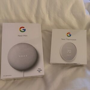 Google Nest Mini and Thermostat in Light Gray